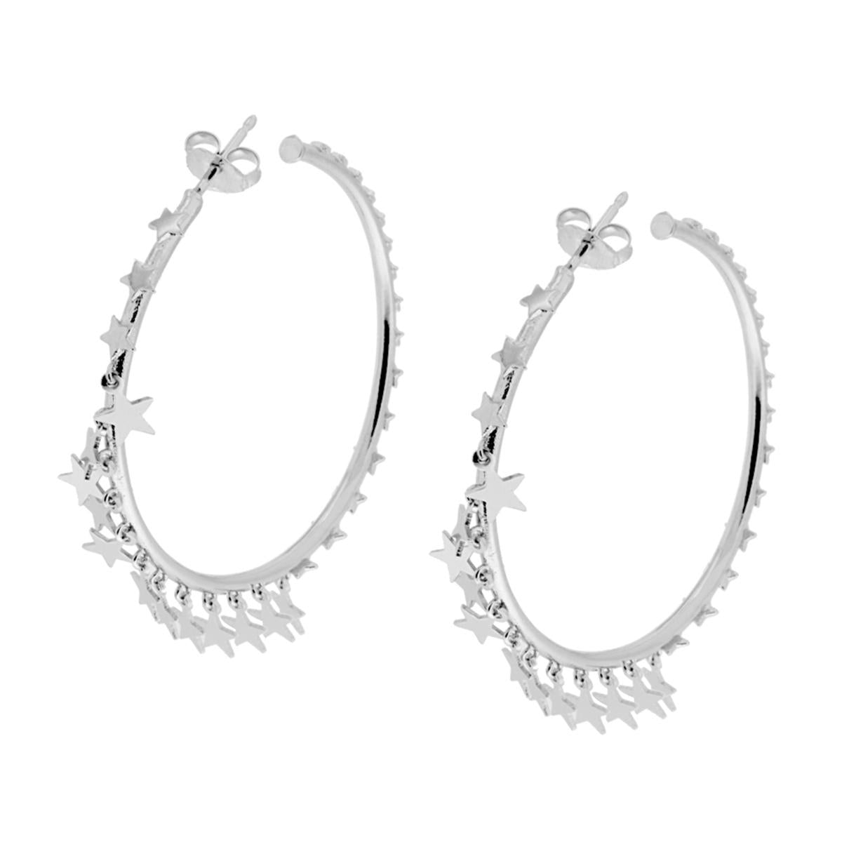 Orecchini Cerchio Creola con Stelle pendenti in ARGENTO 925 Galvanica Rodio