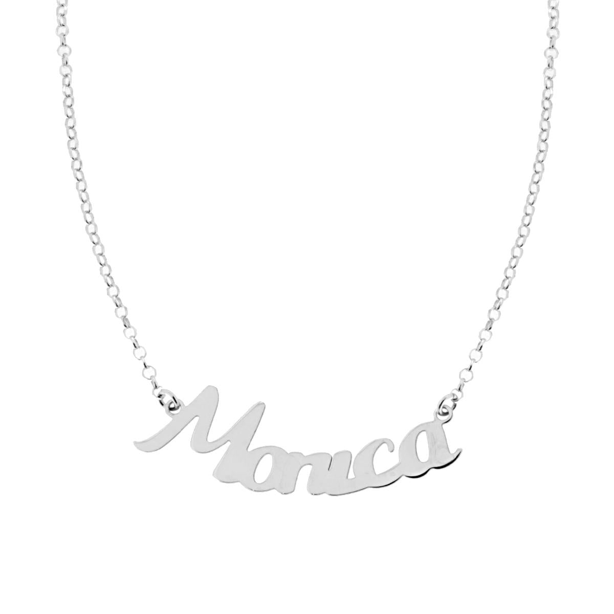 Collana Catena Rolo Diamantata con Nome Monica in Corsivo in ARGENTO 925 Galvanica Rodio