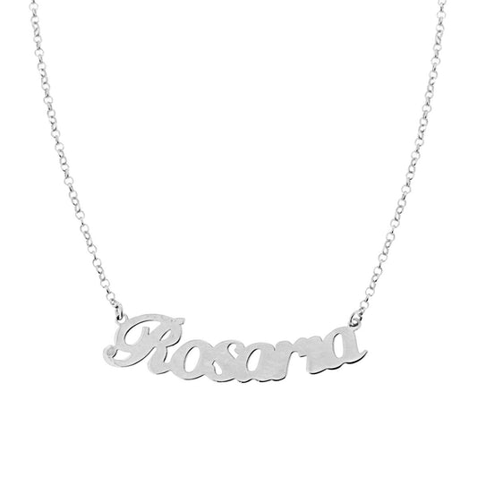 Collana Catena Rolo Diamantata con Nome Rosaria in Corsivo in ARGENTO 925 Galvanica Rodio