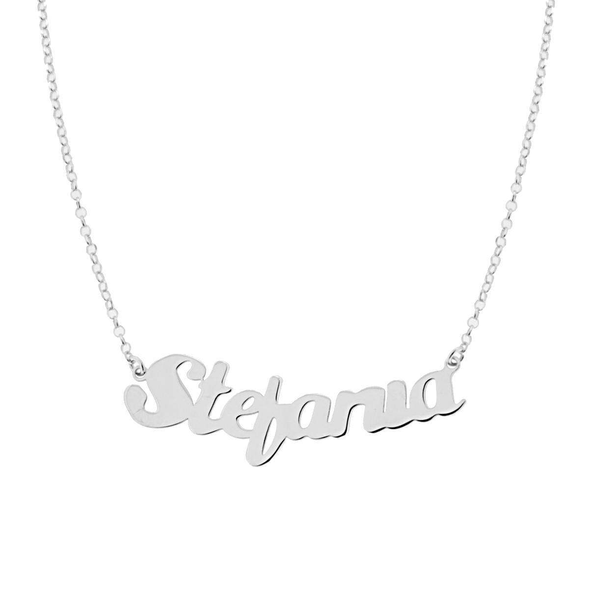 Collana Catena Rolo Diamantata con Nome Stefania in Corsivo in ARGENTO 925 Galvanica Rodio