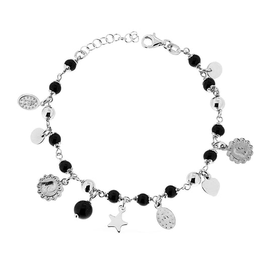 Bracciale Palline Nere con Cuori Stelle e Sacri pendenti in ARGENTO 925 Galvanica Rodio