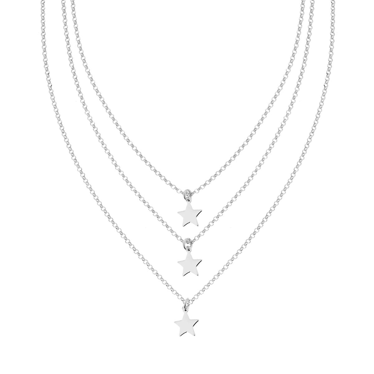 Collana tre fili Catena Rolo Diamantata e Stelle Plain pendenti in ARGENTO 925 Galvanica Rodio