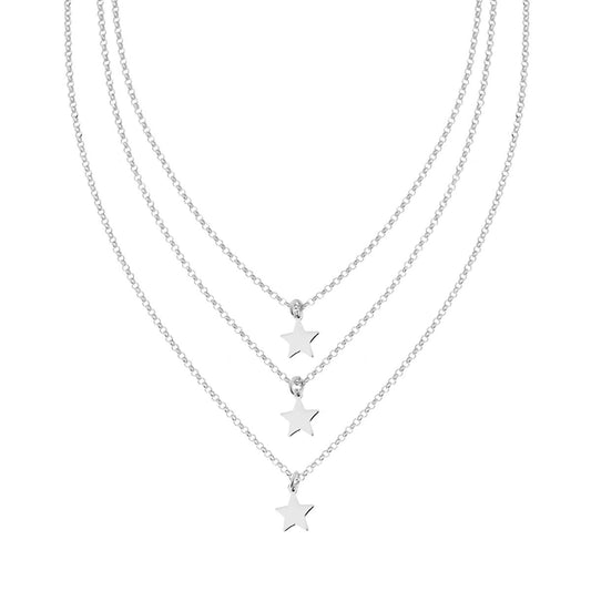 Collana tre fili Catena Rolo Diamantata e Stelle Plain pendenti in ARGENTO 925 Galvanica Rodio