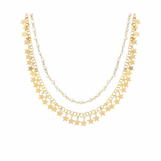 Collana due fili perle e Catena con Stelle Plain pendenti in ARGENTO 925 Galvanica Oro