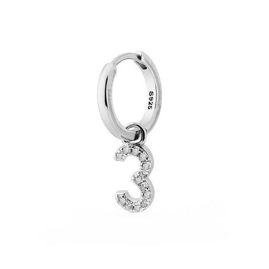 Orecchino Cerchio Boccolo Creola con Numero Tre pendente con Zirconi Bianchi in ARGENTO 925 Galvanica Rodio