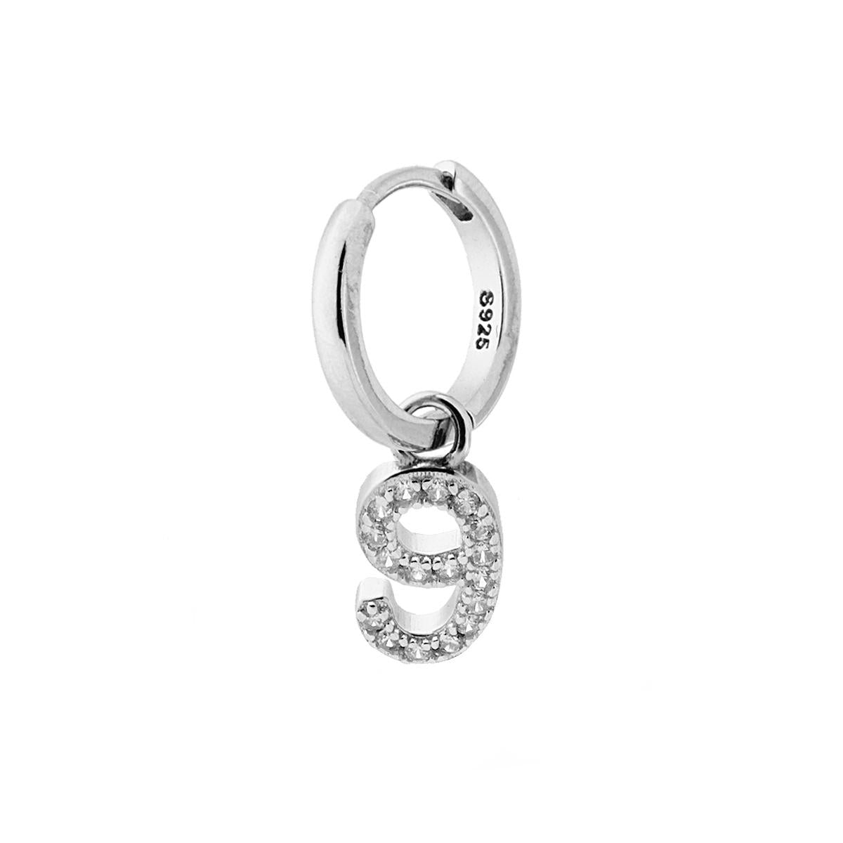 Orecchino Cerchio Creola con Numero Nove pendente con Zirconi Bianchi in ARGENTO 925 Galvanica Rodio