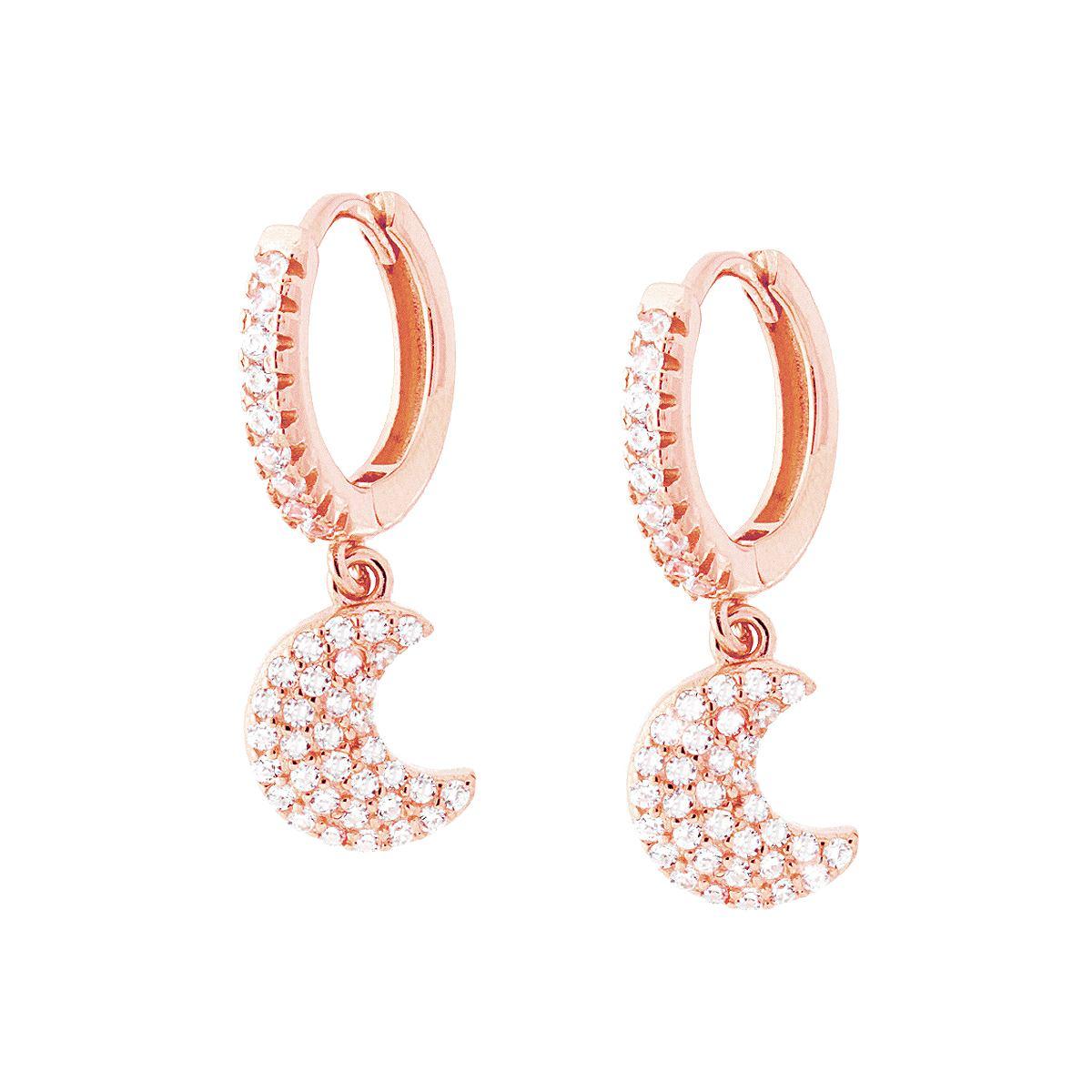 Orecchini Cerchio Scattino mm 15 con Luna pendente con Zirconi Bianchi in ARGENTO 925 Galvanica Rosa