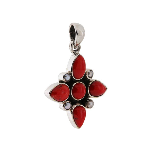 Ciondolo Etnico con Accessorio a forma di fiore con Pietre Corallo.<BR>