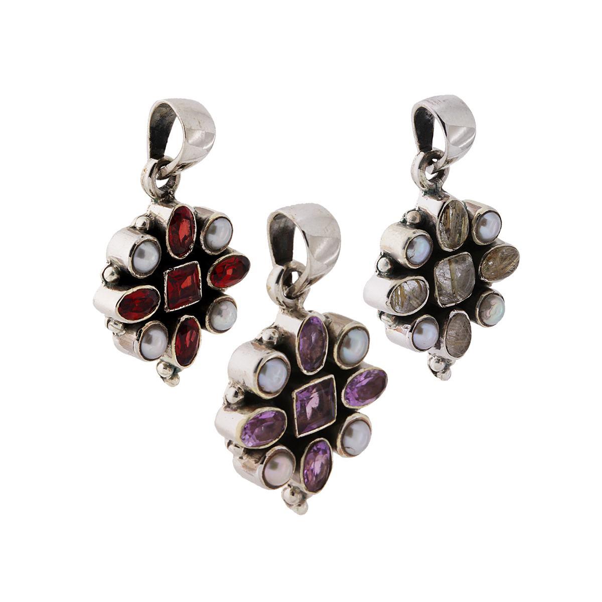 Ciondolo Etnico con Accessorio a forma di fiore con Perle e Pietre Granato, Ametista, Quarzo Rutilato, Quarzo Rutilato Scuro, Tanzanite.<BR>Puoi scrivere sulla nota dell'ordine il tipo di pietra che preferisci, indicando il numero corrispondente.<BR>