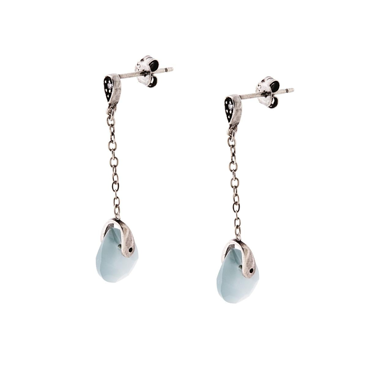 Orecchini Etnici Pendenti con Pietra Naturale Goccia Calcedonio in ARGENTO 925