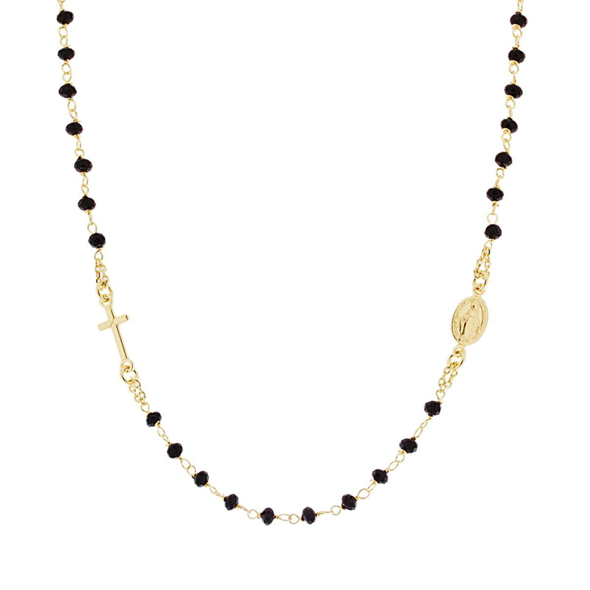 Collana Rosario modello Girocollo cm 50 con Grani mm 3.5 Crystal Neri in ARGENTO 925 Galvanica Oro