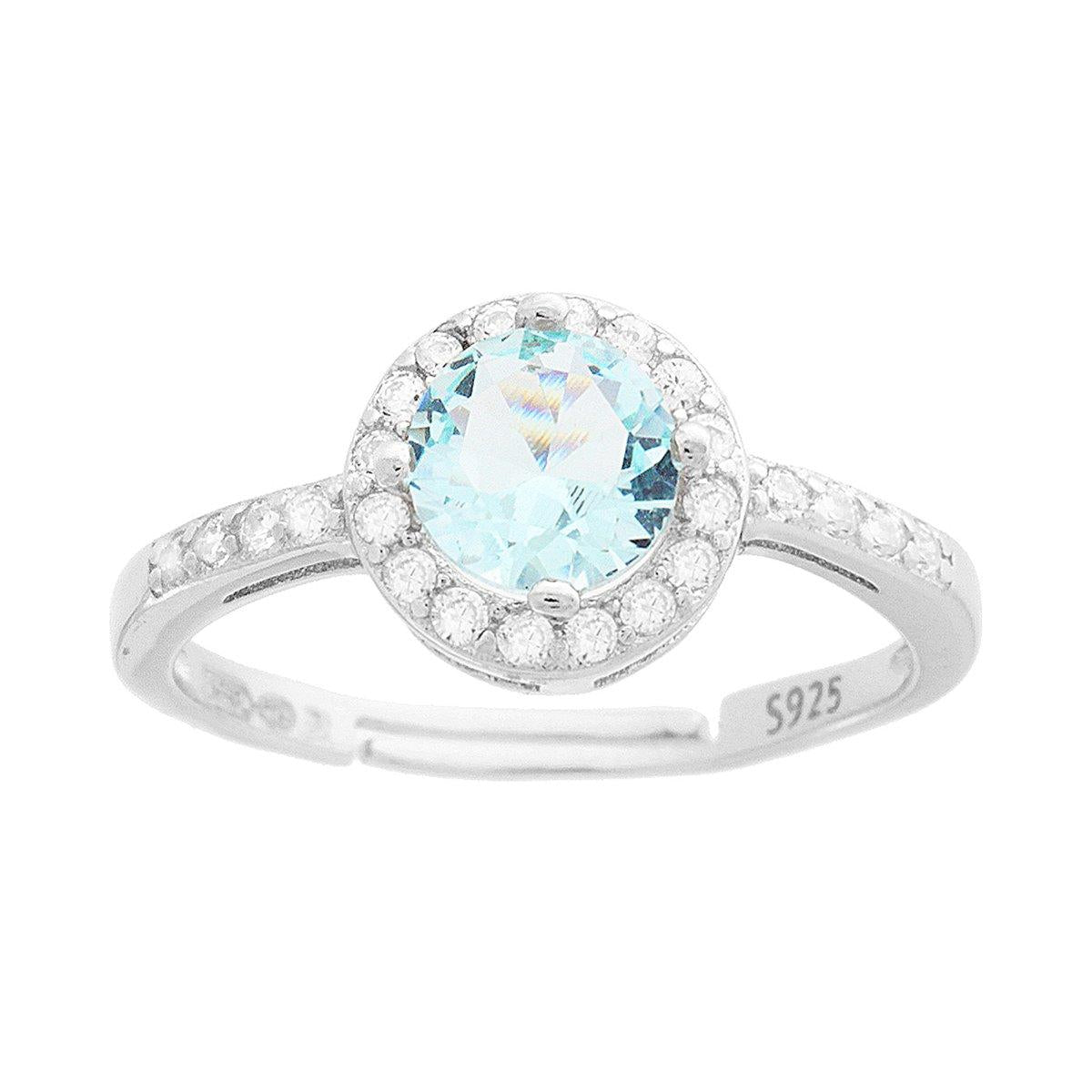 Anello Halo Solitario con Zircone Tondo Acquamarina contornato con Zirconi Bianchi in ARGENTO 925 Galvanica Rodio