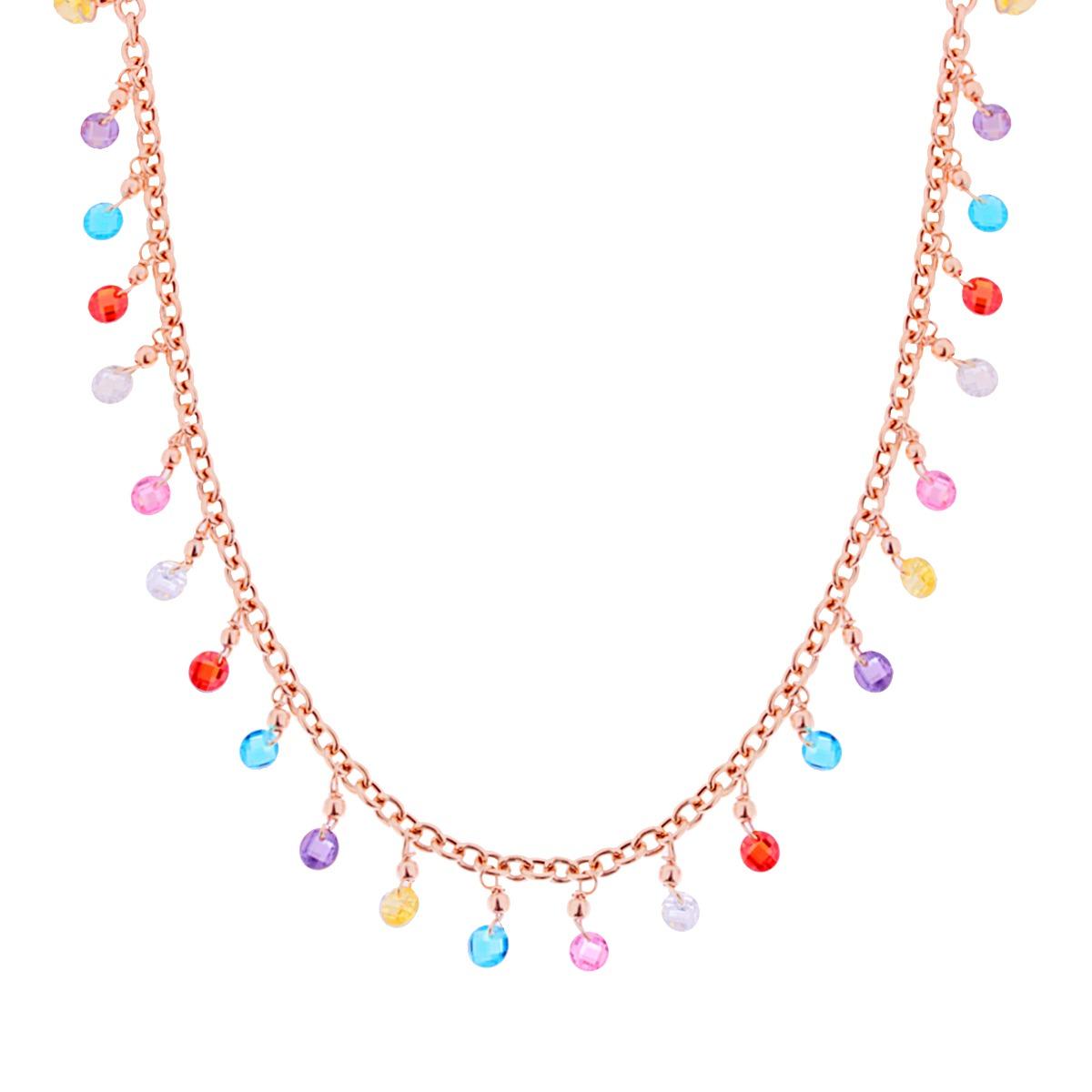 Collana Catena Rolo con Crystal Multicolor Pendenti in ARGENTO 925 Galvanica Rosa