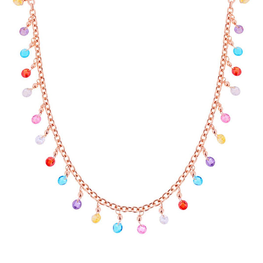 Collana Catena Rolo con Crystal Multicolor Pendenti in ARGENTO 925 Galvanica Rosa