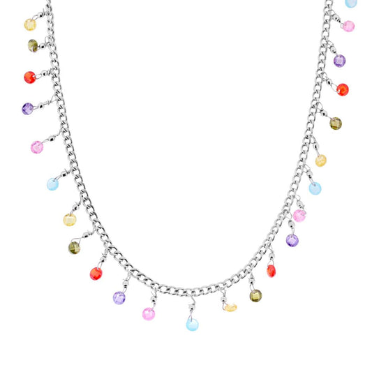 Collana Catena Grumetta con Crystal Multicolor Pendenti in ARGENTO 925 Galvanica Rodio