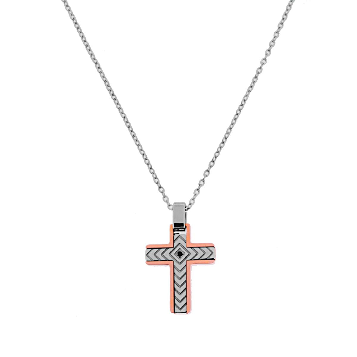 Collana Catena Forzatina con Croce Rosa con Crystal Nero in ACCIAIO