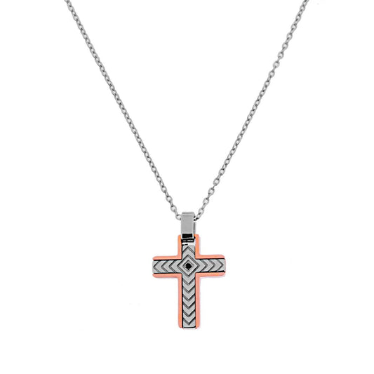 Collana Catena Forzatina con Croce Rosa con Crystal Nero in ACCIAIO