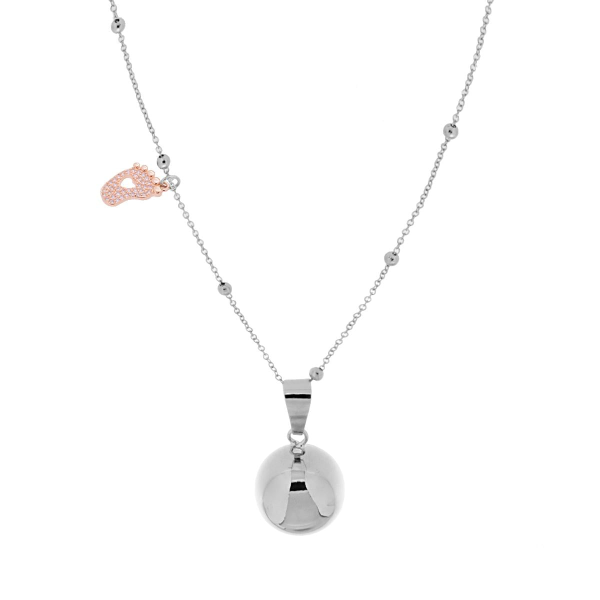 Collana Catena Forzatina Diamantata con Palline cm 90 con Chiama Angeli e Piedino Charms Strass in ACCIAIO e BRONZO