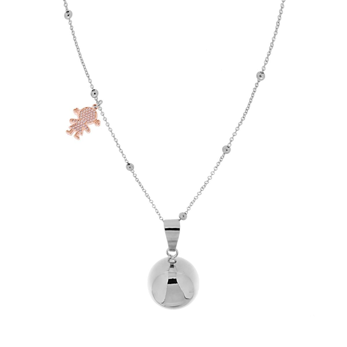 Collana Catena Forzatina Diamantata con Palline cm 90 con Chiama Angeli e Bimba Charms Strass in ACCIAIO e BRONZO