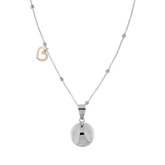 Collana Catena Forzatina Diamantata con Palline cm 90 con Chiama Angeli e Cuore Charms Strass in ACCIAIO e BRONZO