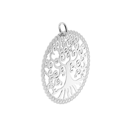 Ciondolo di forma tonda con Albero della Vita con lavorazione traforata e bombata.<BR>Made in Italy