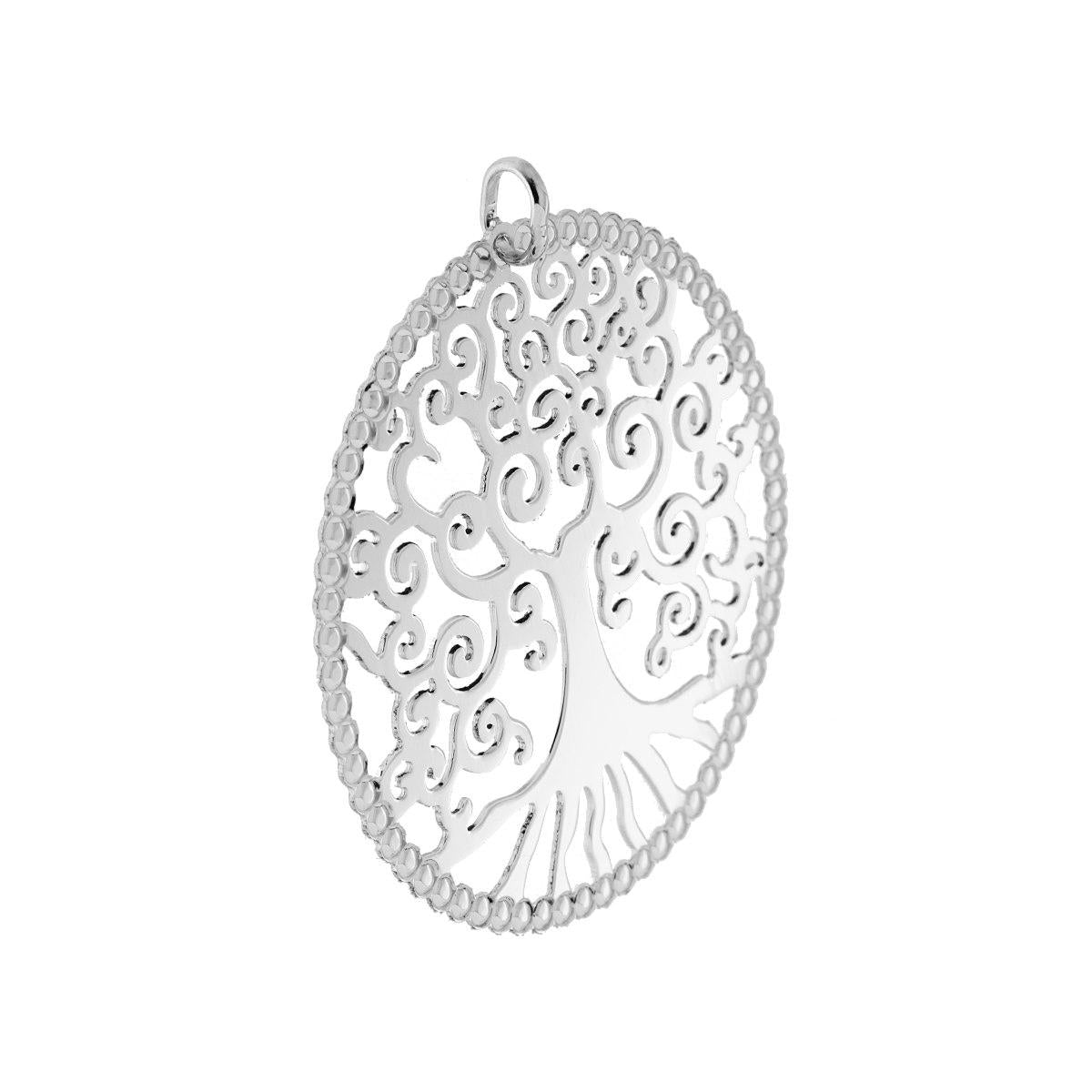 Ciondolo di forma tonda con Albero della Vita con lavorazione traforata e bombata.<BR>Made in Italy