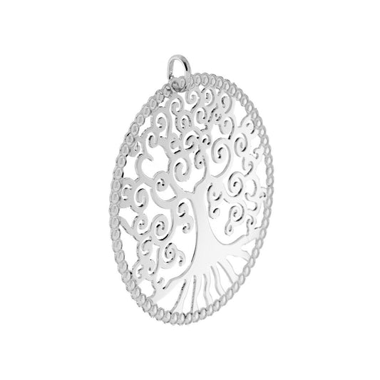 Ciondolo di forma tonda con Albero della Vita con lavorazione traforata e bombata.<BR>Made in Italy