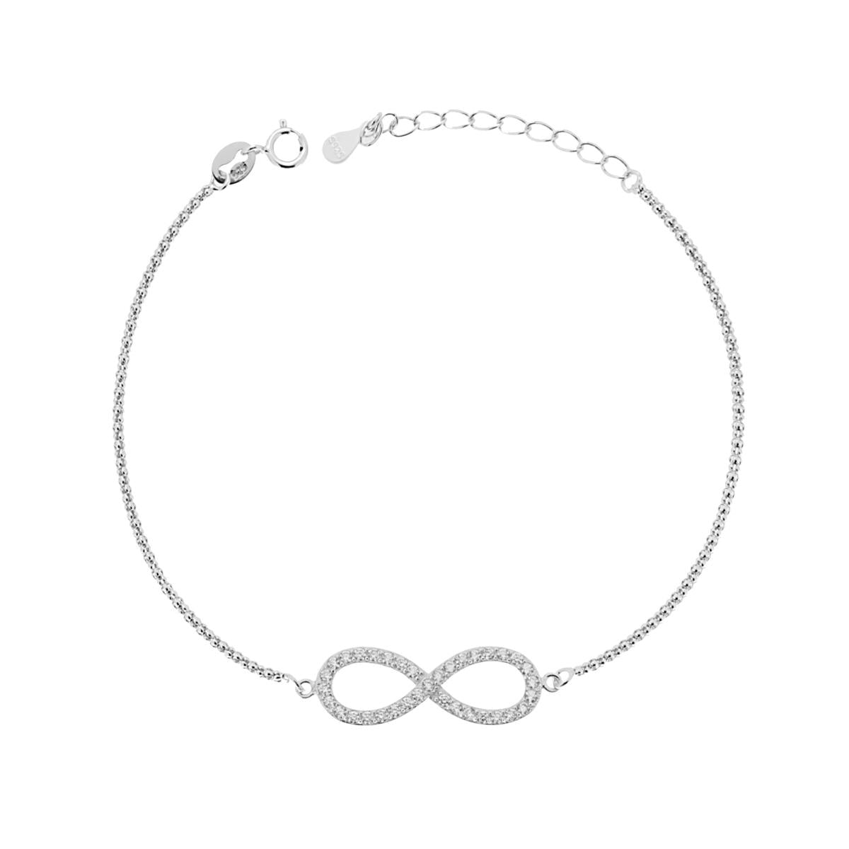 Bracciale Catena Coreana Infinito con Zirconi Bianco in ARGENTO 925 Galvanica Rodio