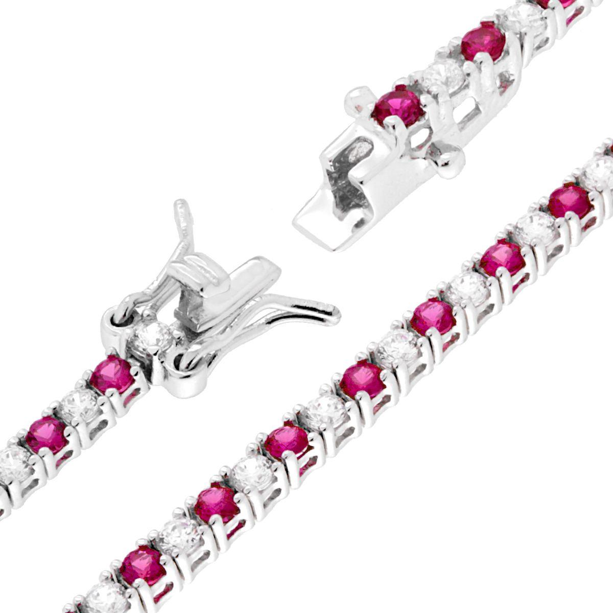 Bracciale Tennis Griffe cm 18 con Zirconi mm 2 Bianchi e Rosso Rubino alternati in ARGENTO 925 Galvanica Rodio