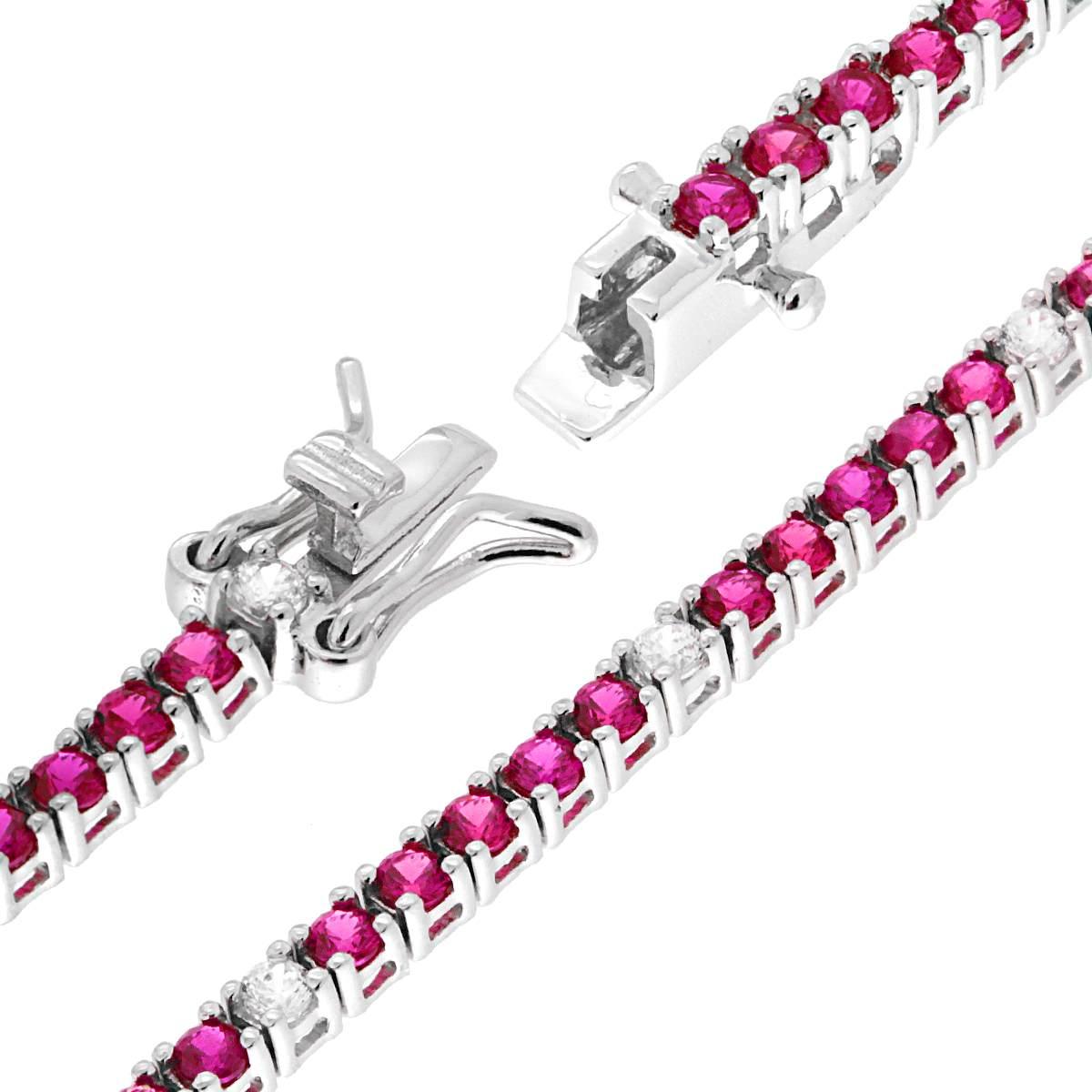 Bracciale Tennis Griffe cm 18 con Zirconi mm 2 Rosso Rubino e Bianco alternati in ARGENTO 925 Galvanica Rodio
