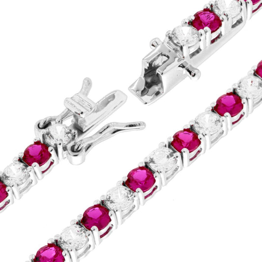 Bracciale Tennis Griffe cm 18 con Zirconi mm 3 Bianchi e Rosso Rubino alternati in ARGENTO 925 Galvanica Rodio