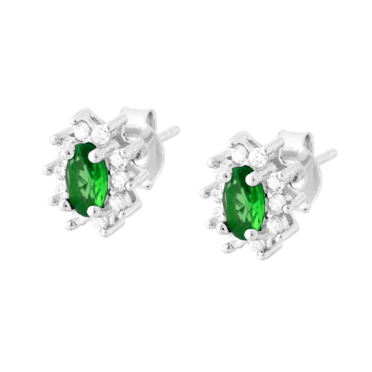 Orecchini con Zircone Ovale Verde Smeraldo contornato con Zirconi Bianchi in ARGENTO 925 Galvanica Rodio