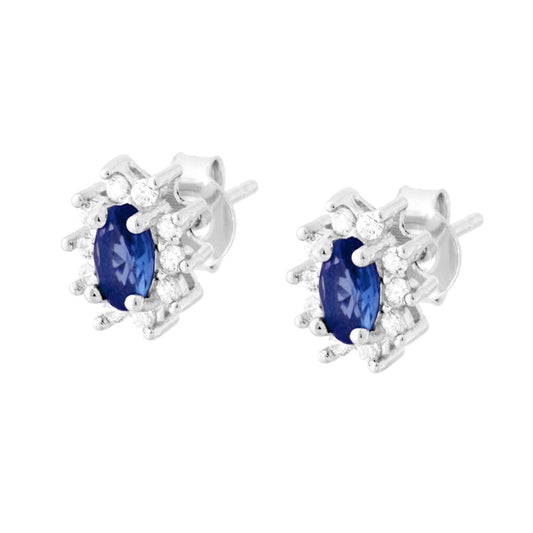 Orecchini con Zircone Ovale Blu Zaffiro contornato con Zirconi Bianchi in ARGENTO 925 Galvanica Rodio