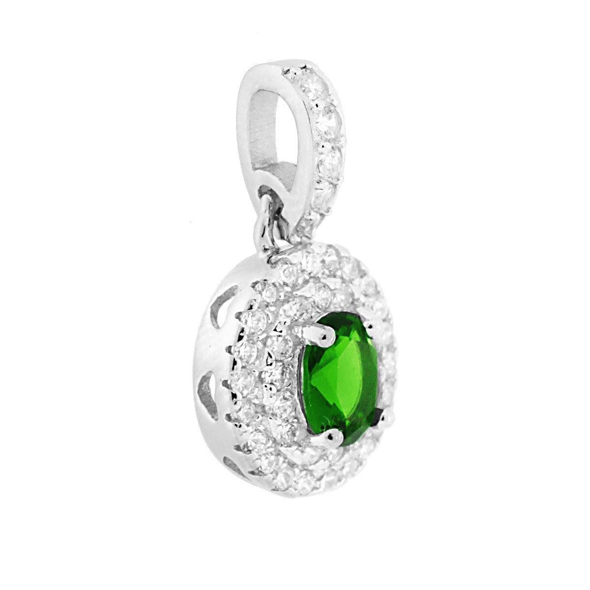 Ciondolo con forma Ovale con Zircone Verde Smeraldo e Zirconi Bianchi incastonati a giro.