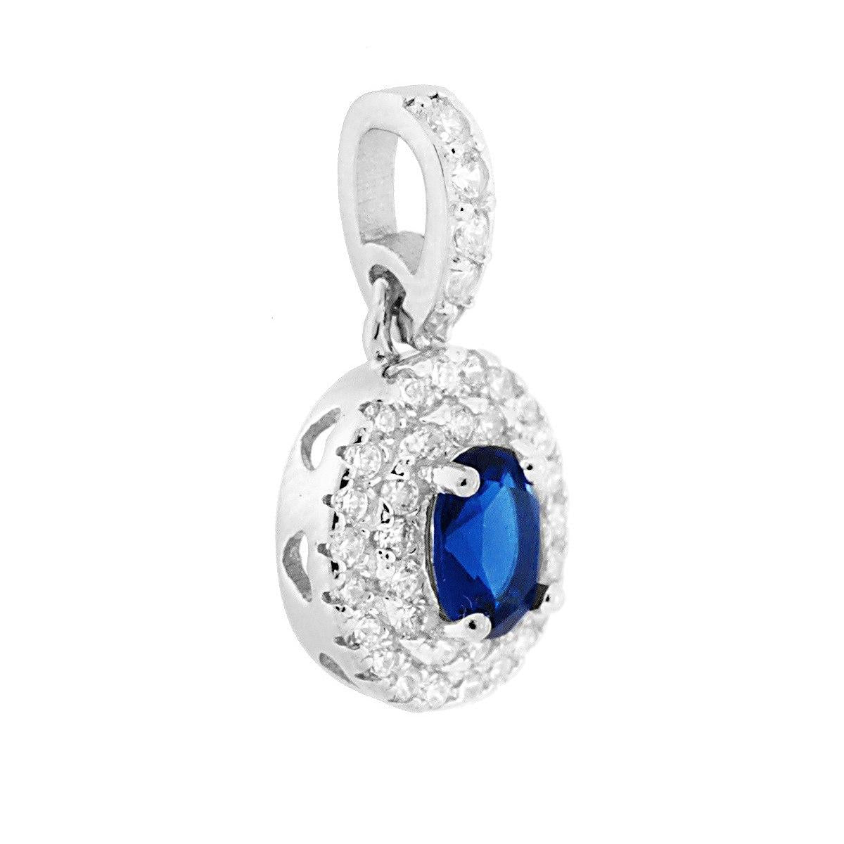 Ciondolo con forma Ovale con Zircone Blu Zaffiro e Zirconi Bianchi incastonati a giro.<BR>