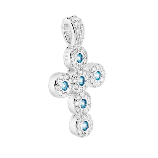 Ciondolo a forma di croce con passante per catena con Zirconi bianchi e Acquamarina incastonati.