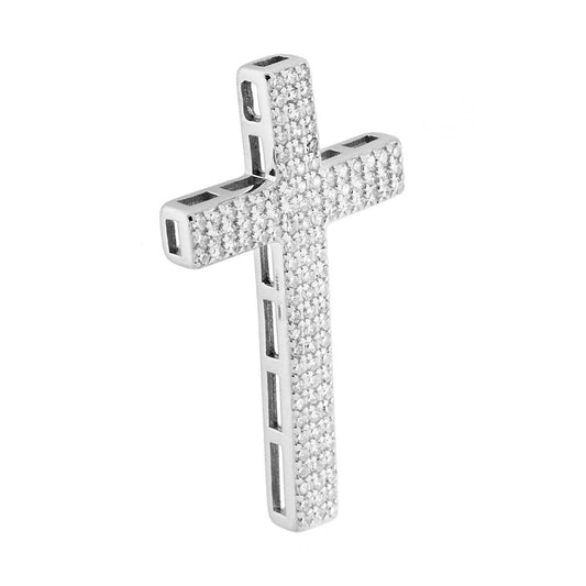 Ciondolo a forma di Croce con passante per catena, con zirconi bianchi incastonati.