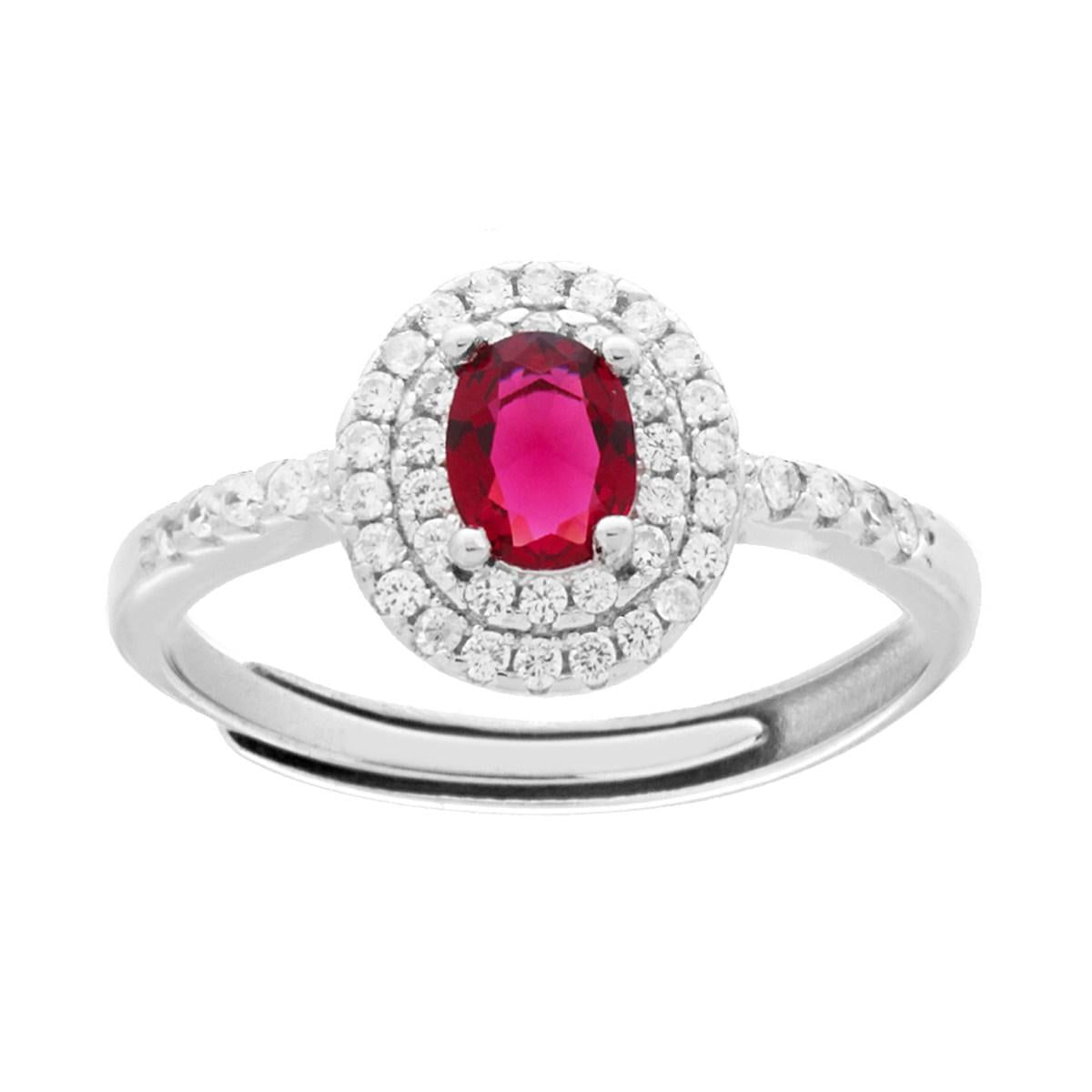 Anello Halo Solitario con Zircone ovale Rosso Rubino contornato da Zirconi Bianchi in ARGENTO 925 Galvanica Rodio