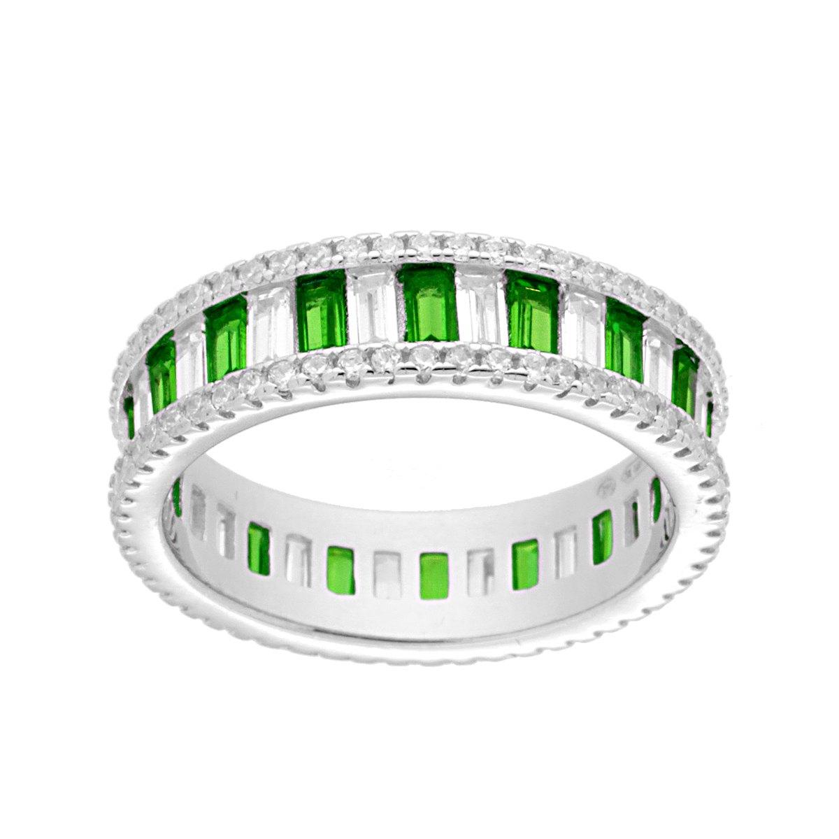 Anello Eternity con Cubic Zirconia taglio Baguette alternati Bianchi e Verde Smeraldo in ARGENTO 925 Galvanica Rodio
