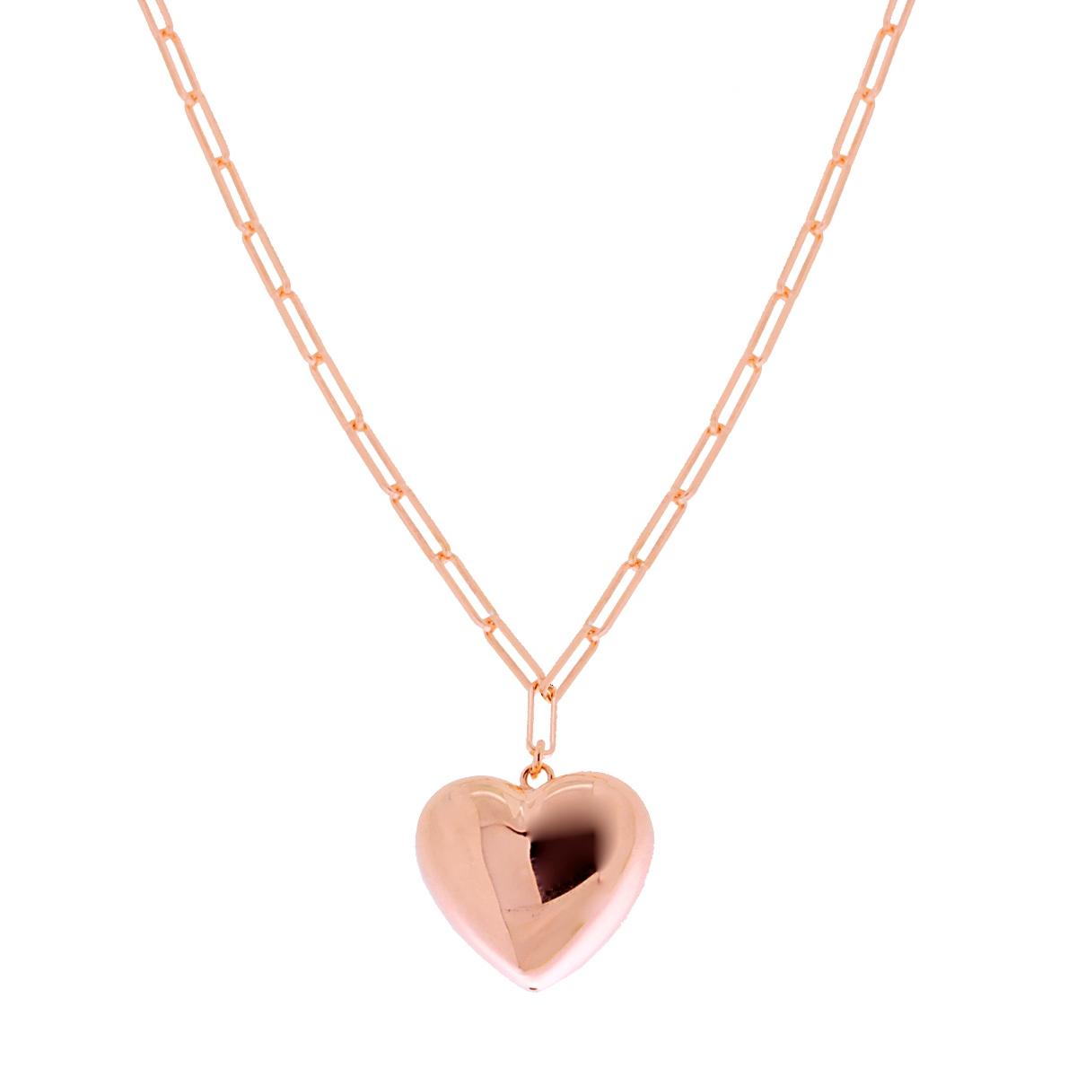 Collana catena Forzatina Allungata Rettangolare con Cuore pendente in ARGENTO 925 Galvanica Rosa