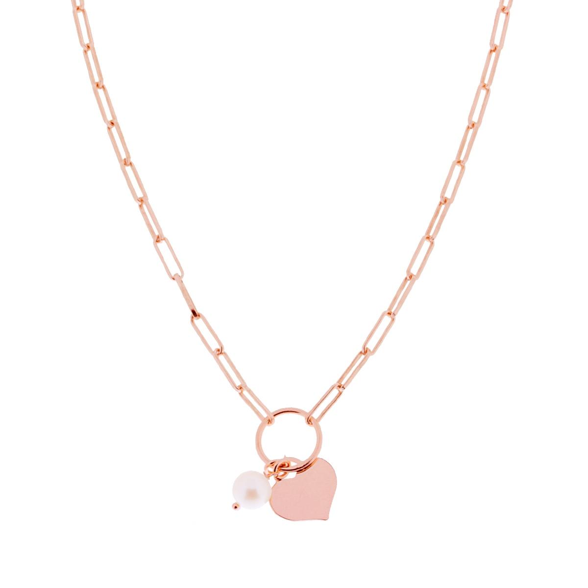 Collana catena Forzatina Allungata Rettangolare con Cuore e Perla pendente in ARGENTO 925 Galvanica Rosa