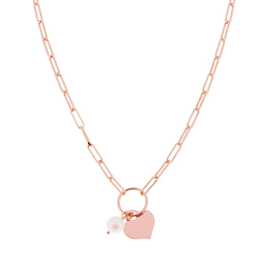 Collana catena Forzatina Allungata Rettangolare con Cuore e Perla pendente in ARGENTO 925 Galvanica Rosa
