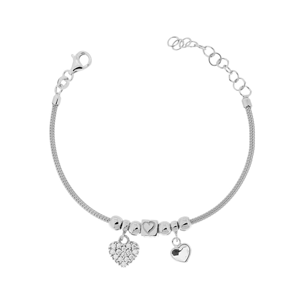 Bracciale Catena Calza con Cuori pendenti e Zirconi Bianchi in ARGENTO 925 Galvanica Rodio