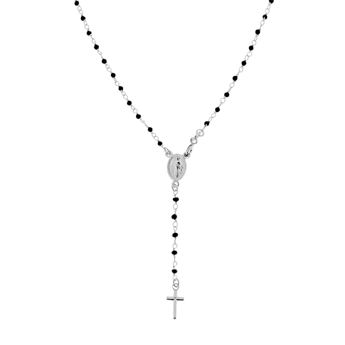 Collana Rosario cm 40+5 con Grani Crystal neri mm 2 in ARGENTO 925 Galvanica Rodio