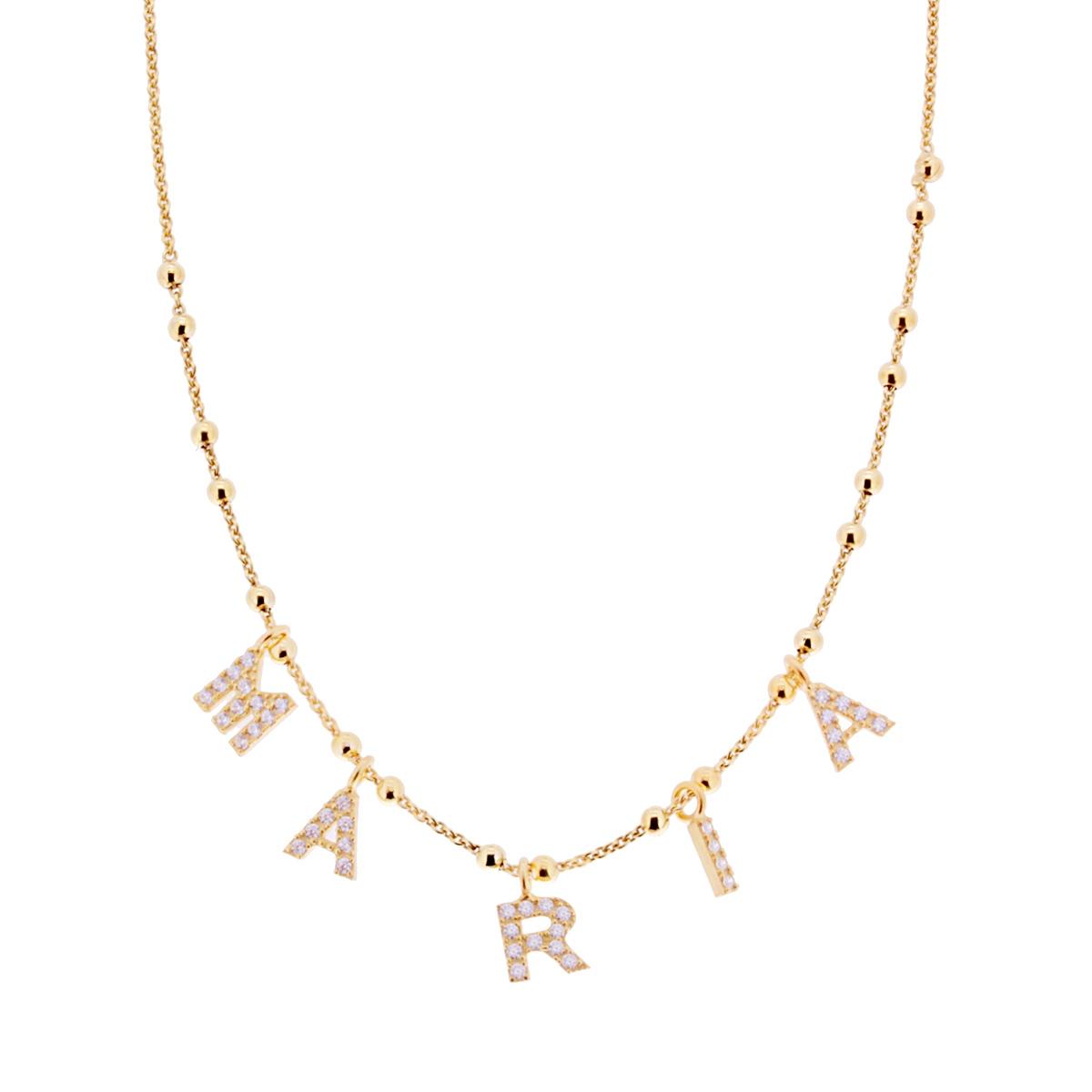 Collana Catena con palline e nome MARIA lettere pendenti con Zirconi Bianchi in ARGENTO 925 Galvanica Oro
