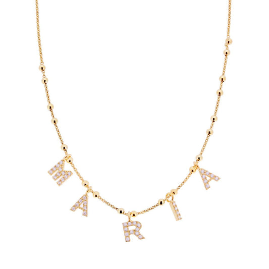 Collana Catena con palline e nome MARIA lettere pendenti con Zirconi Bianchi in ARGENTO 925 Galvanica Oro