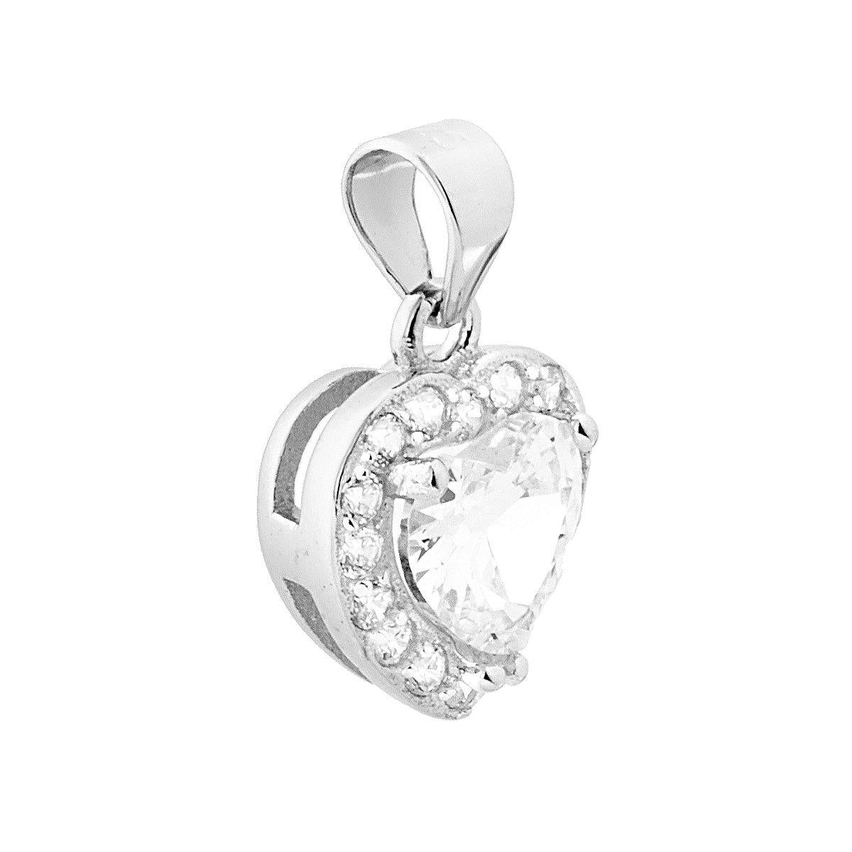 Ciondolo a forma di Cuore con Zircone Bianco Contornato da Zirconi Bianchi.<BR>