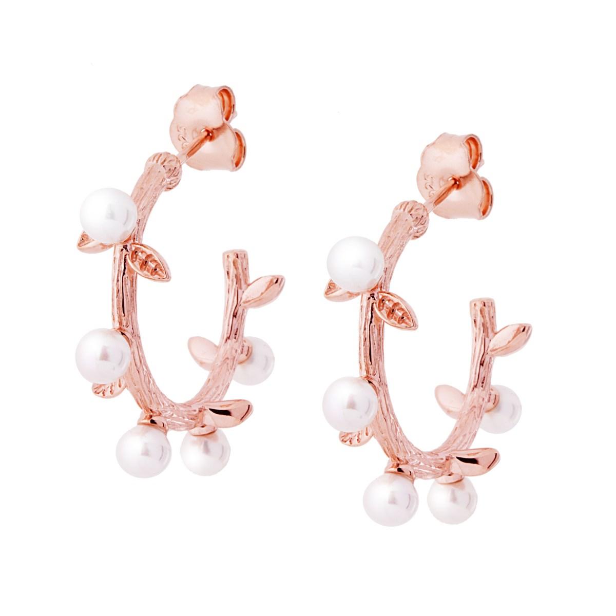 Orecchini Cerchio mm 25 con effetto ramo con Foglie e Perle Bianche in ARGENTO 925 Galvanica Rosa