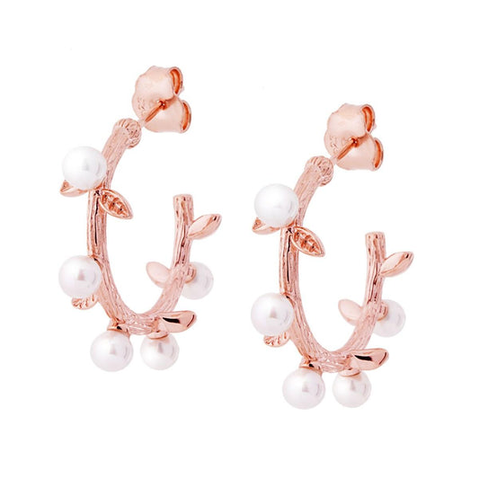 Orecchini Cerchio mm 25 con effetto ramo con Foglie e Perle Bianche in ARGENTO 925 Galvanica Rosa