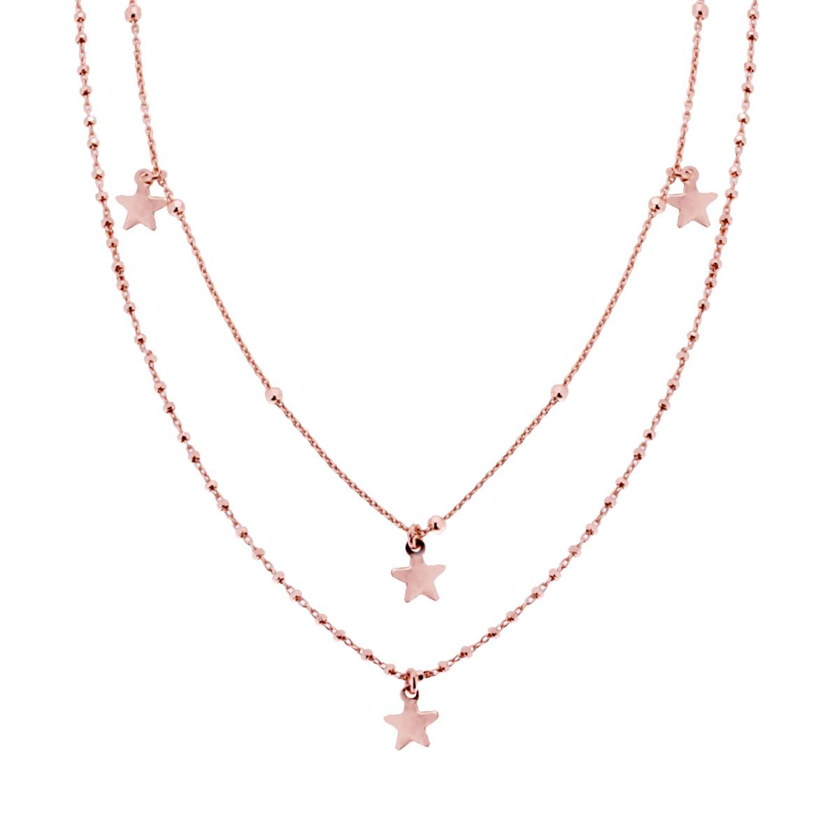 Collana due fili Catena Forzatina con Stelle plain Pendenti e Bulloncini diamantati in ARGENTO 925 Galvanica Rosa